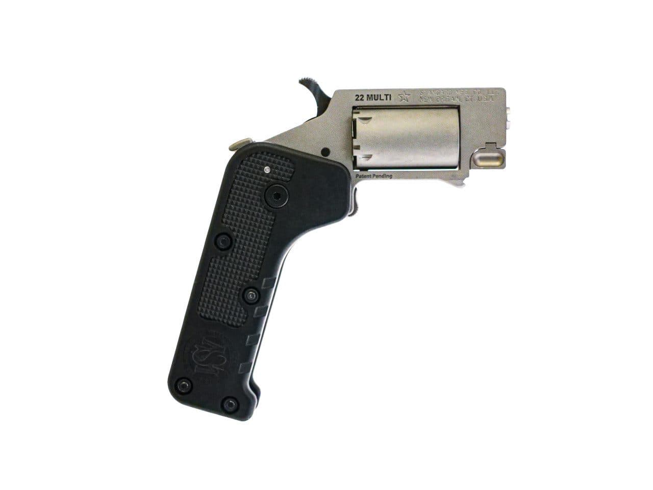 The Switch Gun Combo includes a compact folding revolver with interchangeable .22 WMR and .22 LR cylinders, giving owners the flexibility to carry one caliber and practice with the other.